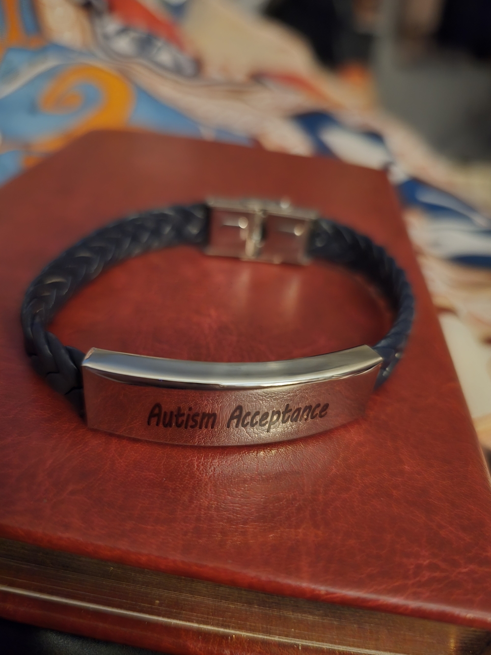 Autism Acceptance Braided Leather Bracelet with Stainless Steel Plate